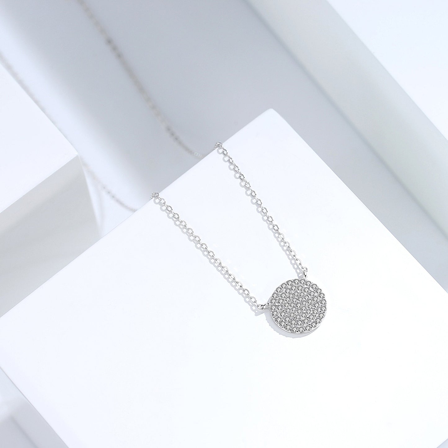 925 Sterling Silver Pave Circle Disc Necklace