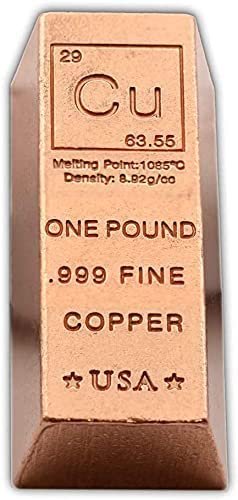 1 Pound Copper Bullion Bar Ingot Paperweight - 999 Pure Chemistry Element Design with Certificate of Authenticity