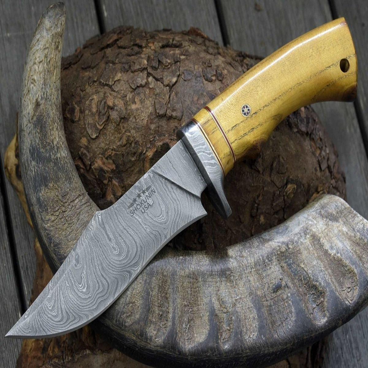 Odyssey Damascus Hunting Knife with Exotic Yellow Heart Handle