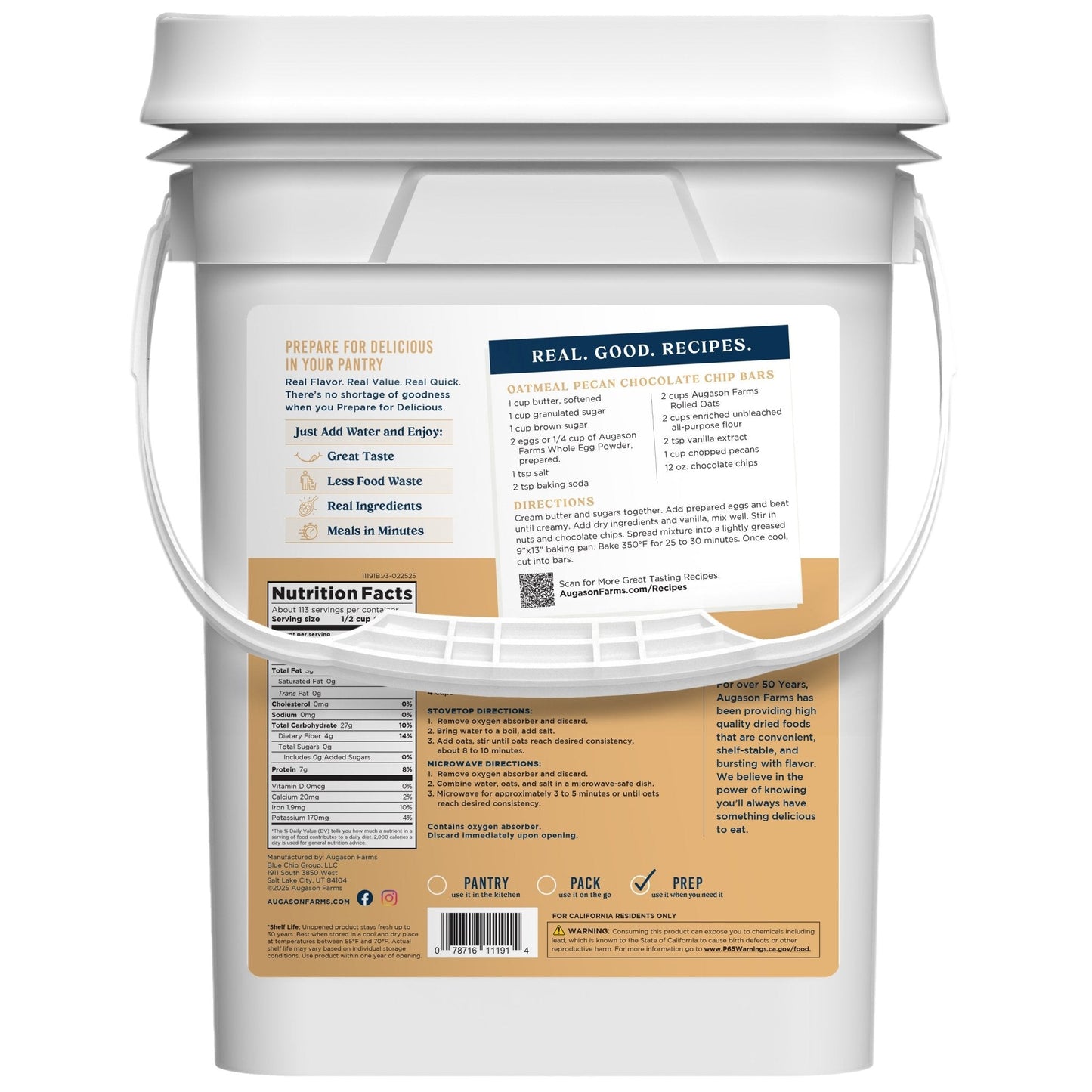 Old Fashioned Rolled Oats 4 Gallon Pail, 113 Servings