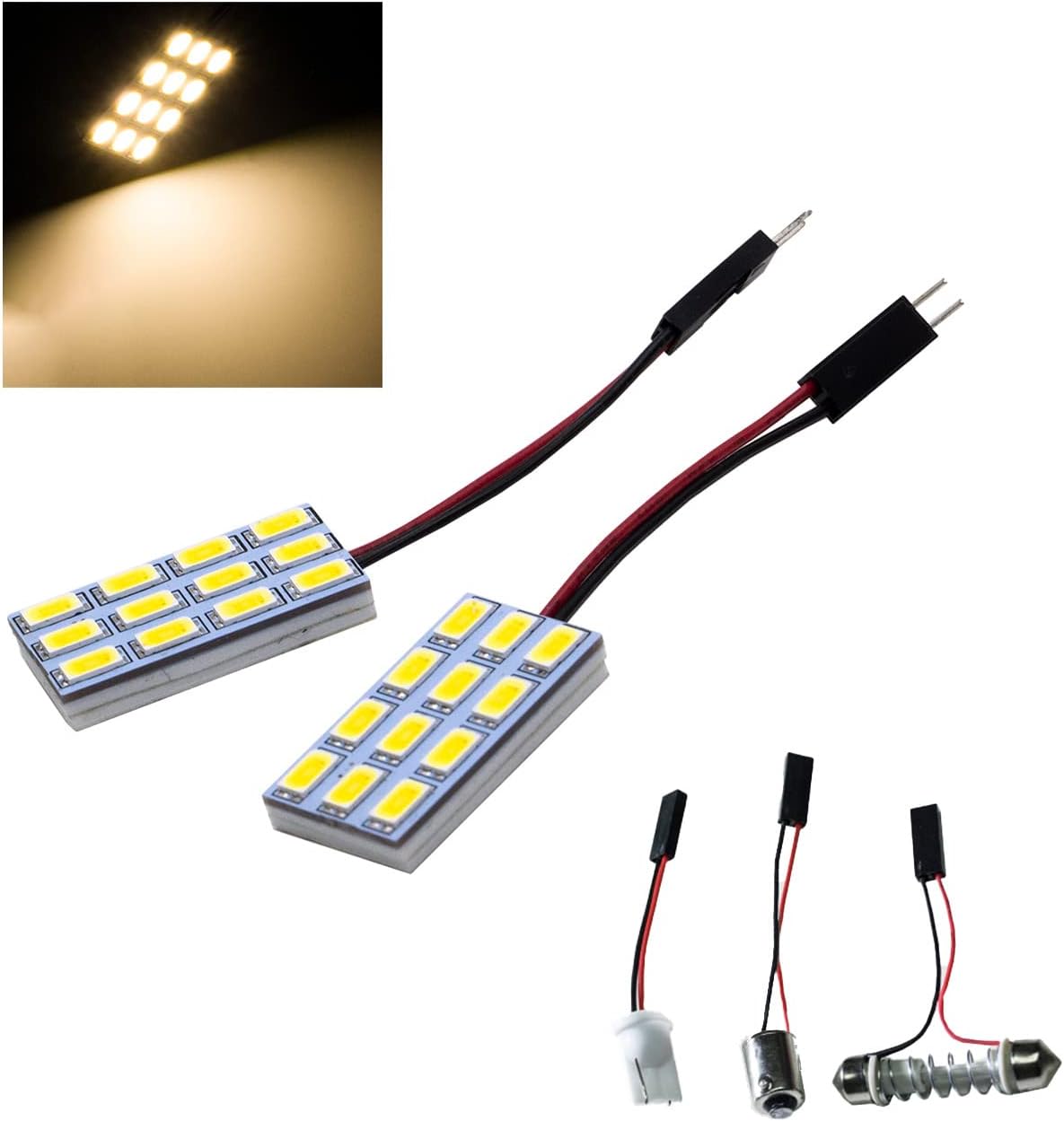 HYUGA 2x 12SMD 5630 White 6500K LED Panel Dome Board Light Auto Car Interior Bulb DC 12V - 24V With T10 / BA9S / Festoon Adapters - PA LED BULB - HYUGA - Little Red General Store