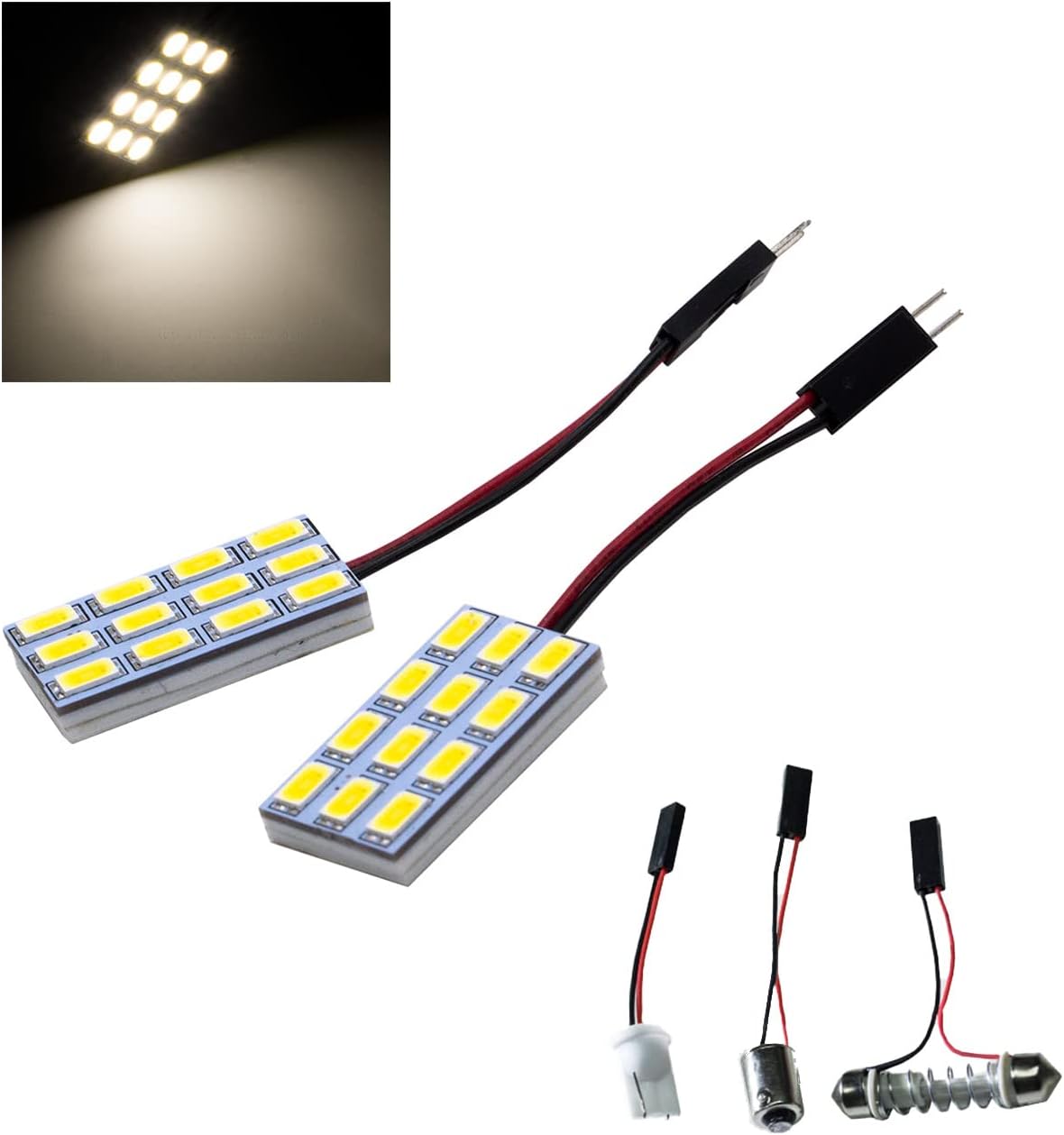 HYUGA 2x 12SMD 5630 White 6500K LED Panel Dome Board Light Auto Car Interior Bulb DC 12V - 24V With T10 / BA9S / Festoon Adapters - PA LED BULB - HYUGA - Little Red General Store