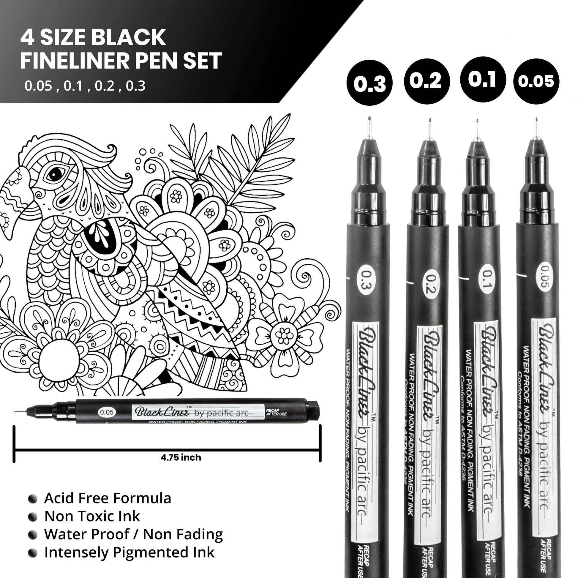 Pacific Arc | Blackliner Black Fineliner Pens | Differently Sized Fine Drawing Pens - Pacific Arc - Little Red General Store