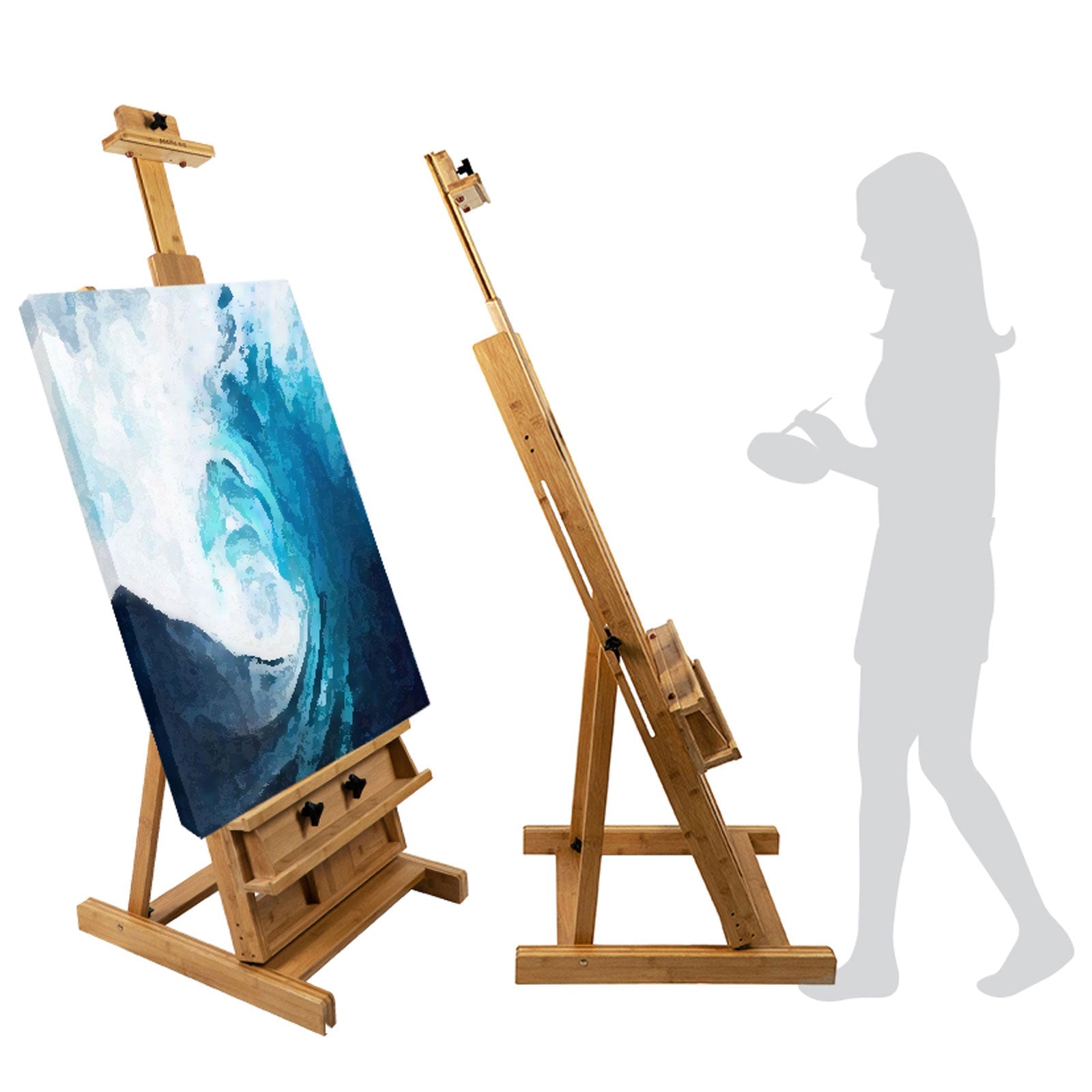 Pacific Arc Large Studio H - Frame Easel - Solid Bamboo Wood Artist Easel Adjustable Movable Tilting Easel, Floor Painting Easel Stand, Holds Canvas Art up to 81" - Pacific Arc - Little Red General Store