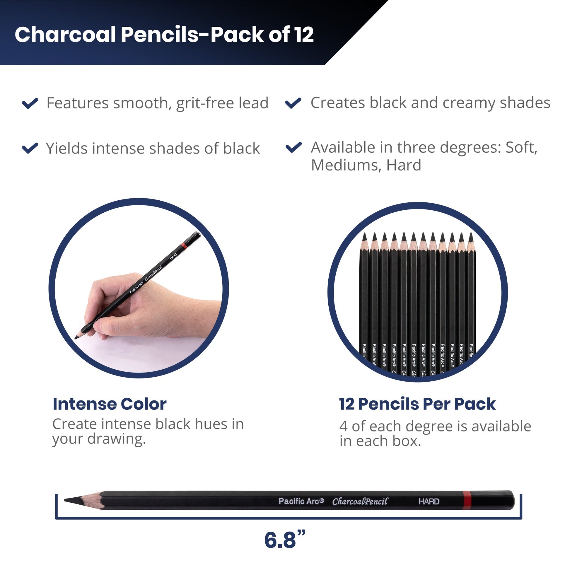 Premium Charcoal Drawing Pencils for Artists - 6 Pieces Soft Medium and Hard - Charcoal Pencils for Drawing, Sketching and Shading - Great Non Toxic Art Supplies Set for Adults and Kids - Pacific Arc - Little Red General Store