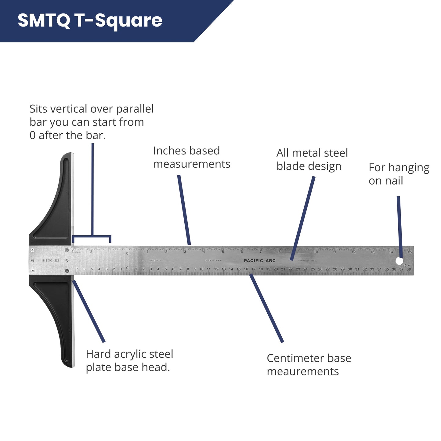 Pacific Arc 18 To 48 Inch T Square, Traditional Stainless Steel, Graduated Inch and Metric - Pacific Arc - Little Red General Store