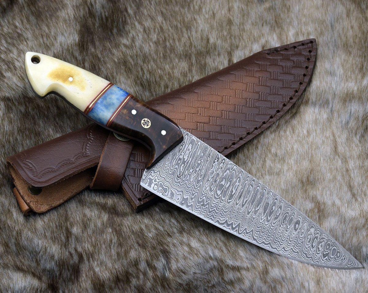 Prime Damascus Chef Knife with Bone and Rosewood Handle