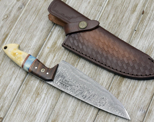 Prime Damascus Chef Knife with Bone and Rosewood Handle
