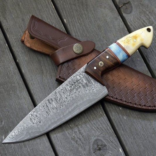 Prime Damascus Chef Knife with Bone and Rosewood Handle