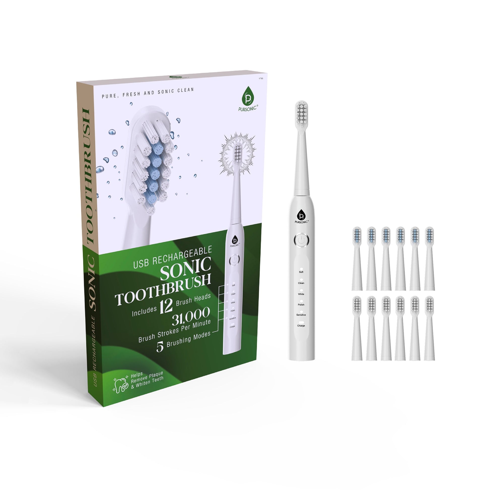USB Rechargeable Electric Toothbrush with 12 Brush Heads - Pursonic - Little Red General Store
