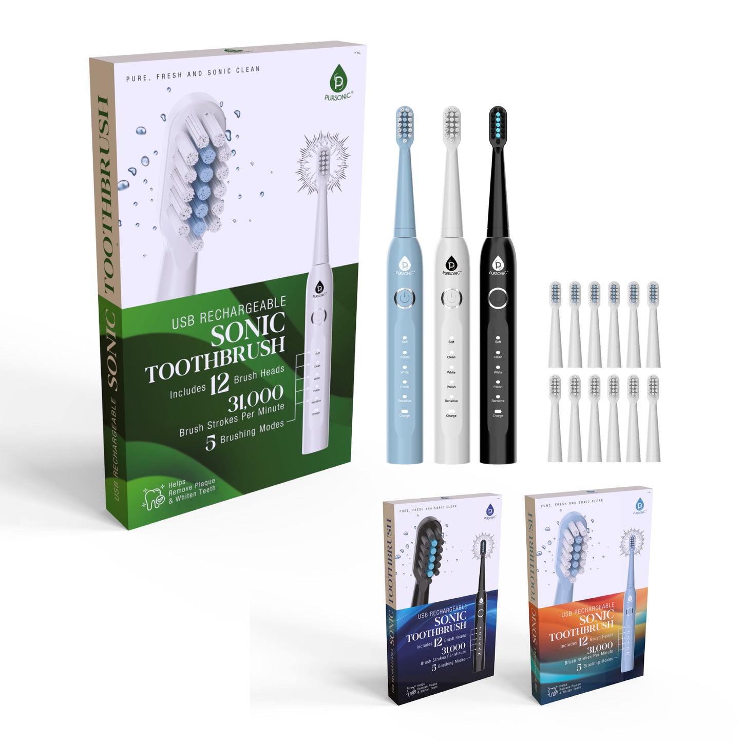 USB Rechargeable Electric Toothbrush with 12 Brush Heads - Pursonic - Little Red General Store