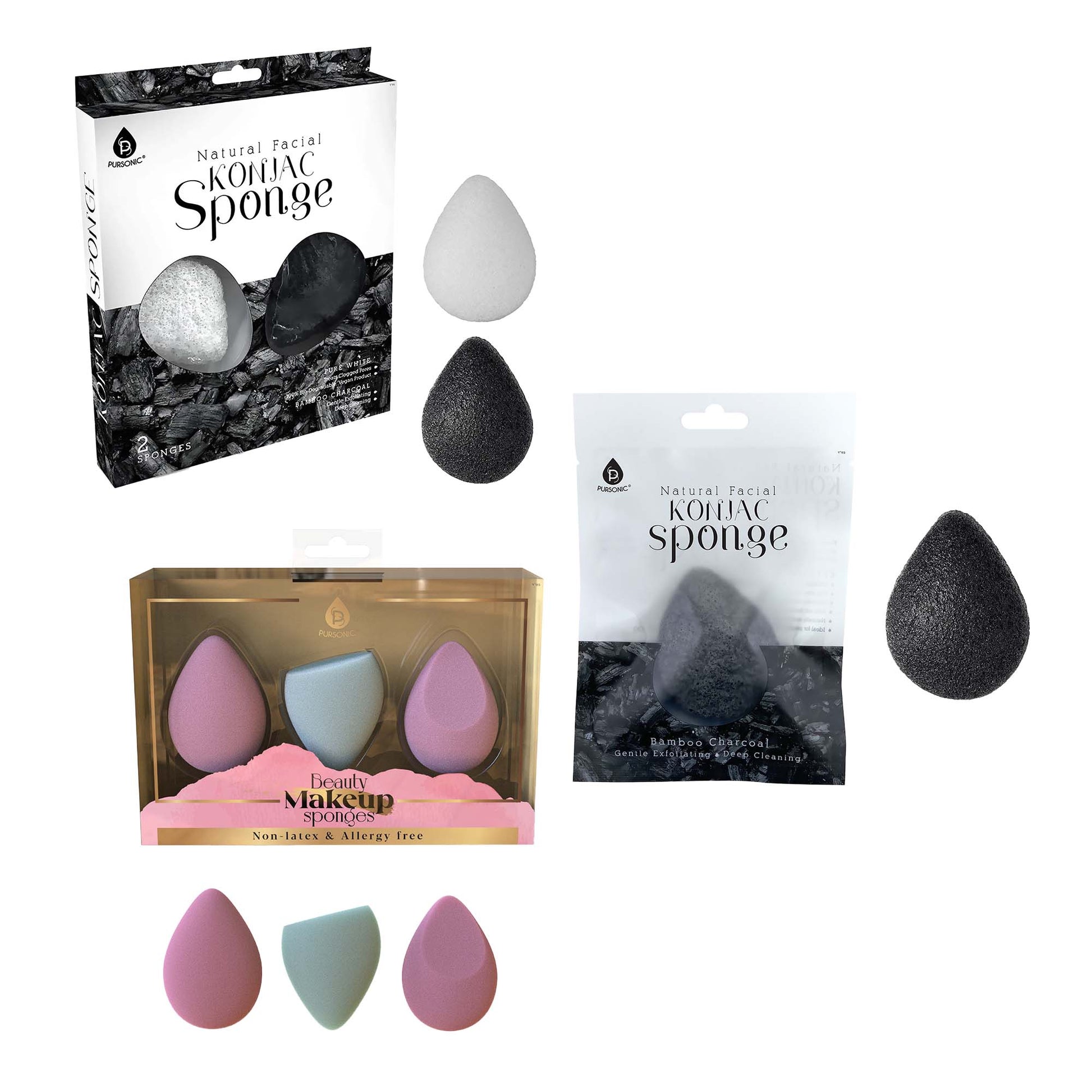 Pursonic Skin & Beauty Essentials Bundle – Konjac Sponge Duo, Bamboo Charcoal Konjac Sponge & 3 - Pack Makeup Sponge Set - Pursonic - Little Red General Store