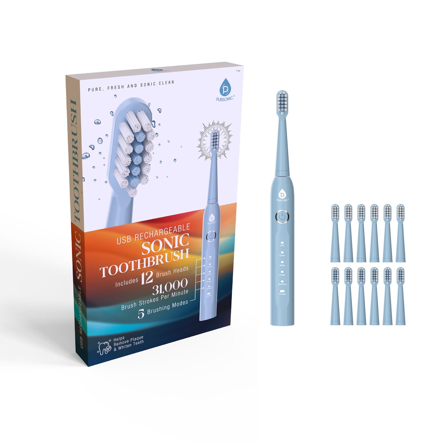 USB Rechargeable Electric Toothbrush with 12 Brush Heads - Pursonic - Little Red General Store