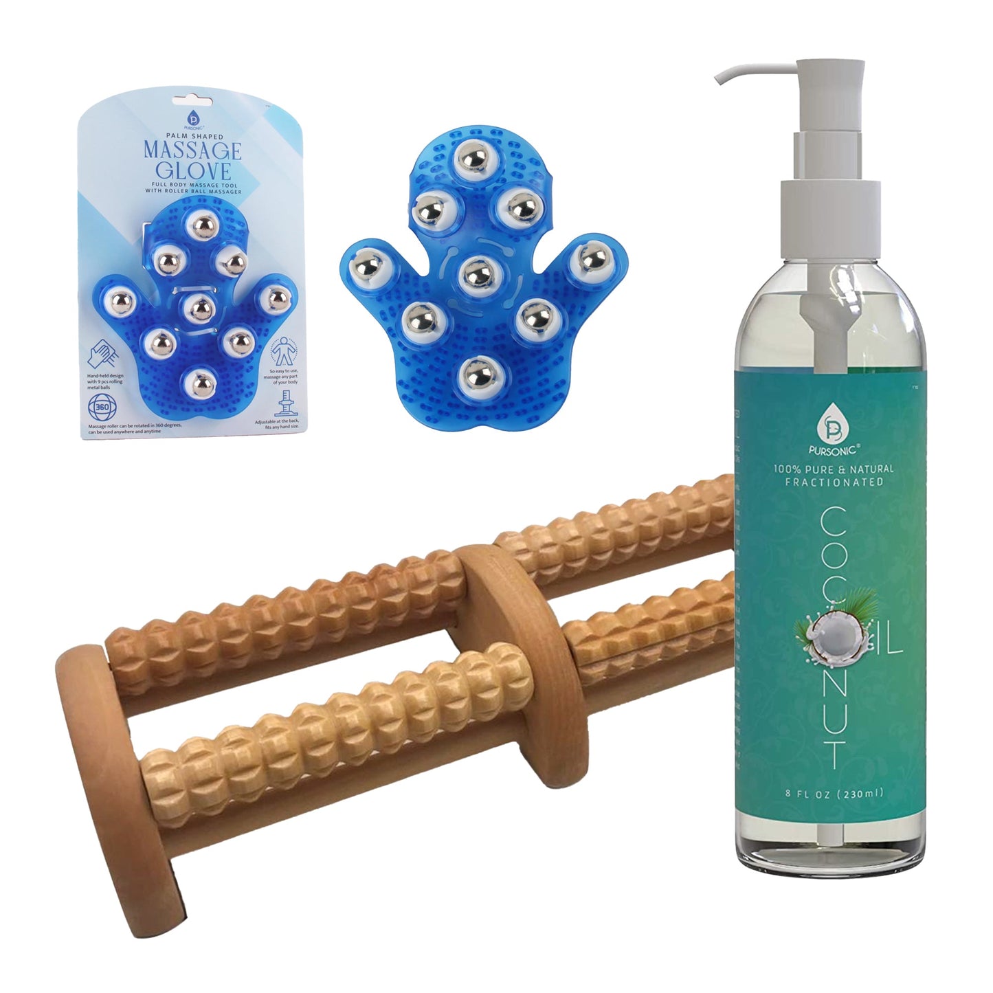 Pursonic Relaxation Gift Bundle: Palm Shaped Massage Glove, Wooden Foot Massager, and Fractionated Coconut Oil - Pursonic - Little Red General Store