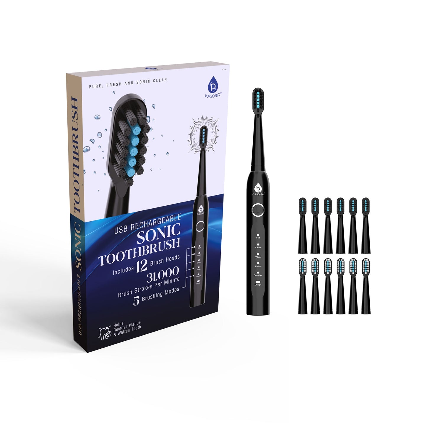 USB Rechargeable Electric Toothbrush with 12 Brush Heads - Pursonic - Little Red General Store
