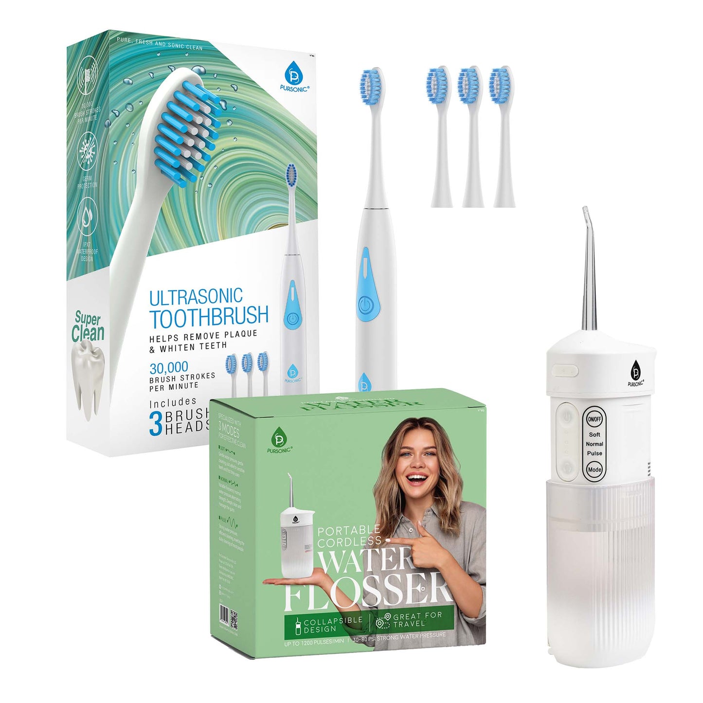 Ultimate Smile Care Duo: Triple - Head Tooth Wizard & Travel - Ready Water Flosser - Pursonic - Little Red General Store