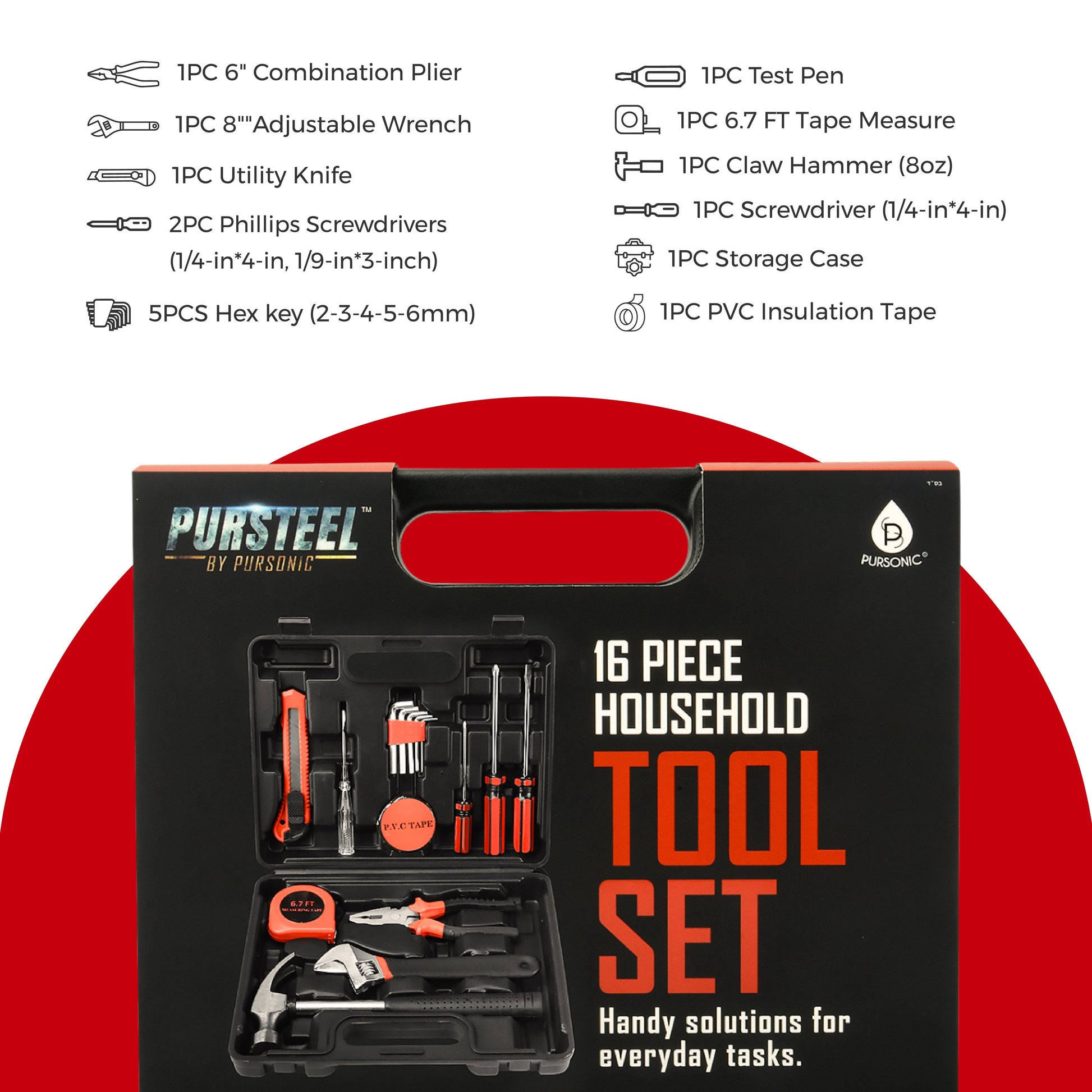 16 - Piece Household Handy Solutions Tool Kit - Pursonic - Little Red General Store
