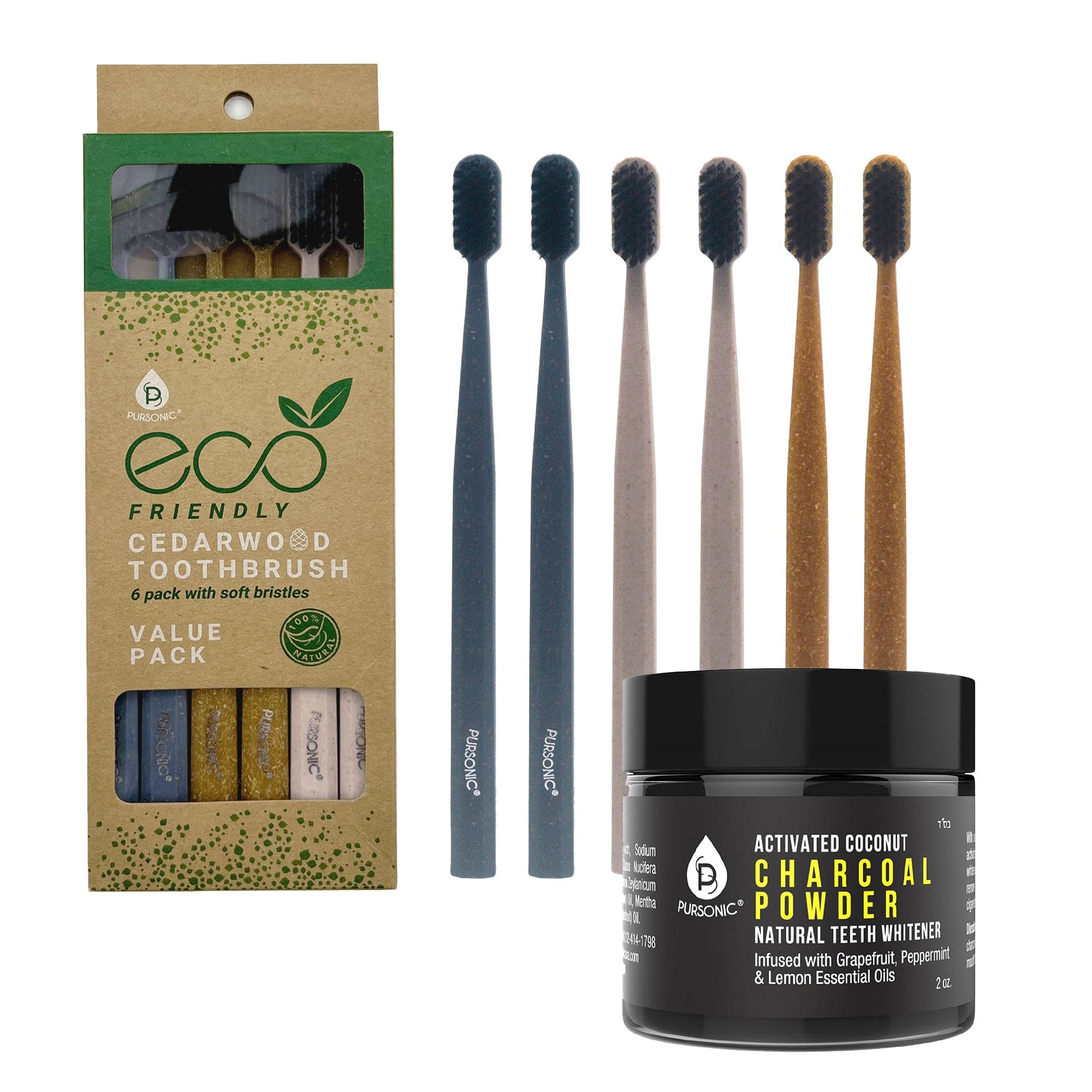 Natural Radiance Combo: Activated Coconut Charcoal Powder Natural Teeth Whitener + 100% Eco - friendly Cedarwood Toothbrushes (6 Pack) - Pursonic - Little Red General Store