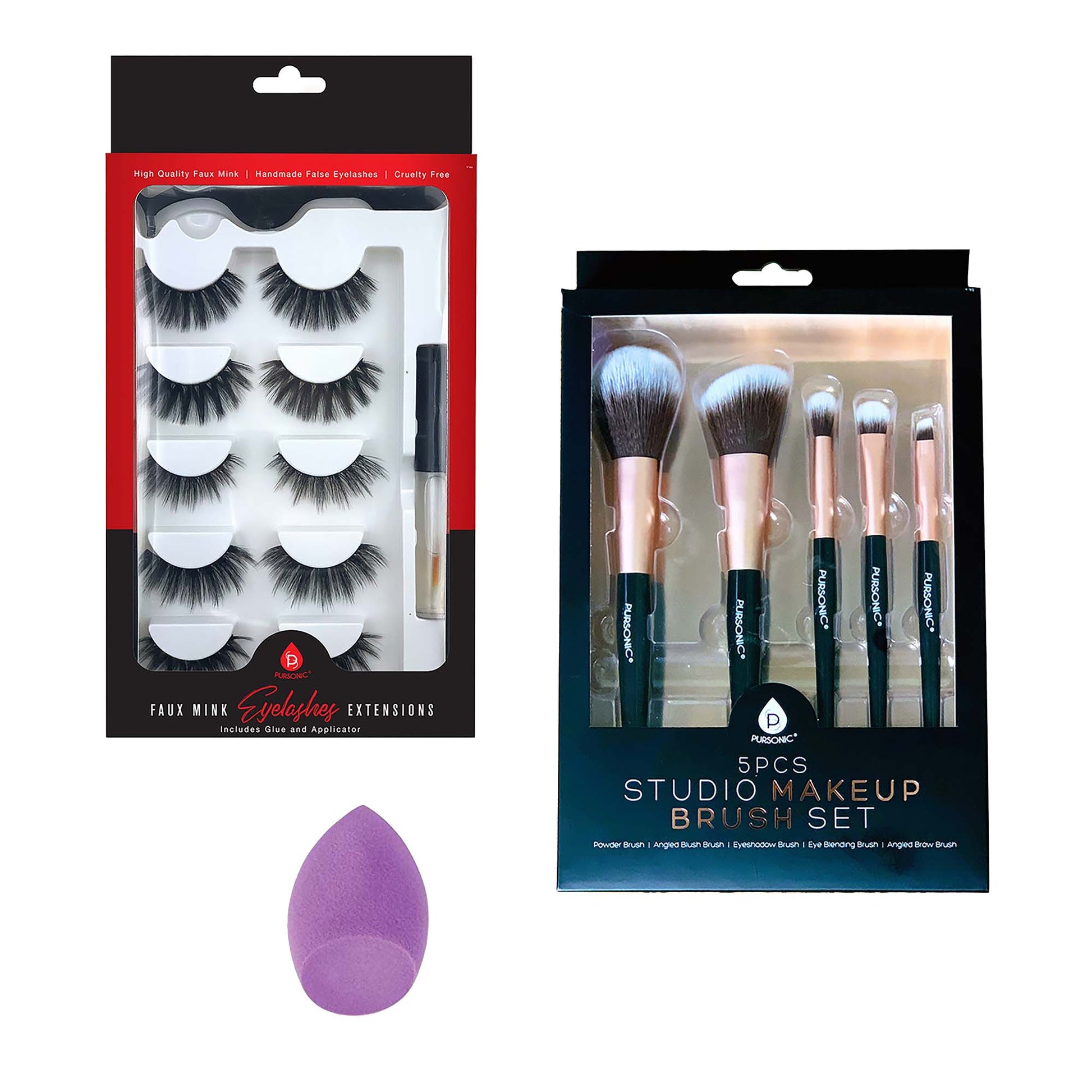 Pursonic Glam Essentials Bundle: 3D Faux Mink Lashes, Makeup Sponge & Brush Set - Pursonic - Little Red General Store