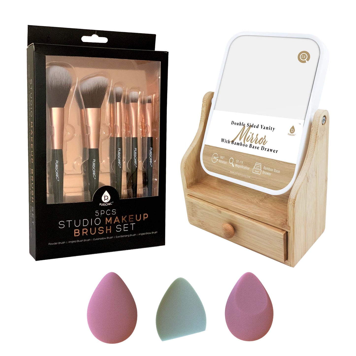 Pursonic Beauty Essentials Set – Studio Makeup Brush Set, Multi - Shape Sponges, and Dual - Sided Vanity Mirror with Bamboo Base - Pursonic - Little Red General Store