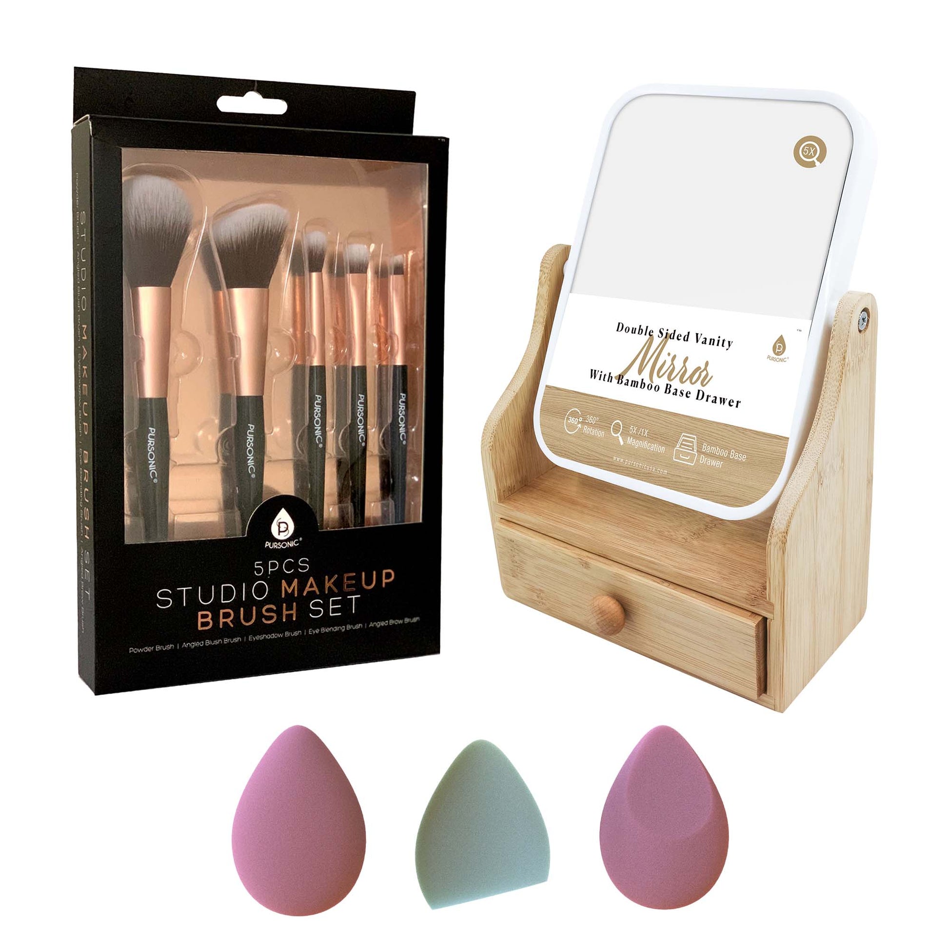 Pursonic Beauty Essentials Set – Studio Makeup Brush Set, Multi - Shape Sponges, and Dual - Sided Vanity Mirror with Bamboo Base - Pursonic - Little Red General Store
