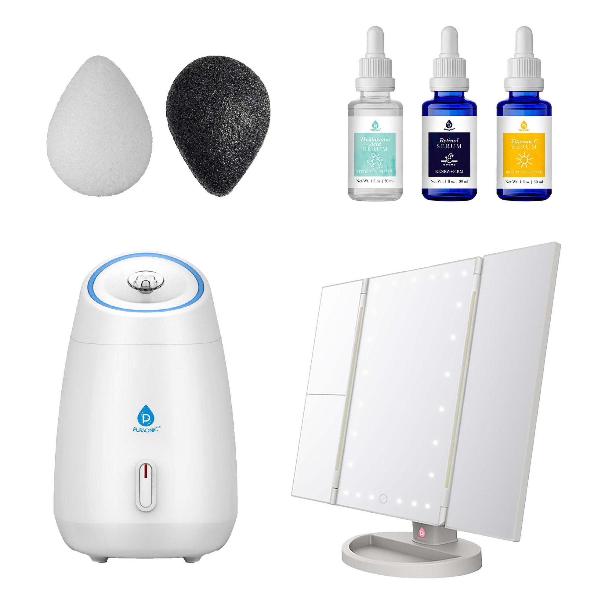 Ultimate Radiance Skincare & Beauty Bundle: Tri - Fold Vanity Mirror, Pursonic Facial Steamer, Anti - Aging Serum Set & Konjac Sponge Duo - Pursonic - Little Red General Store