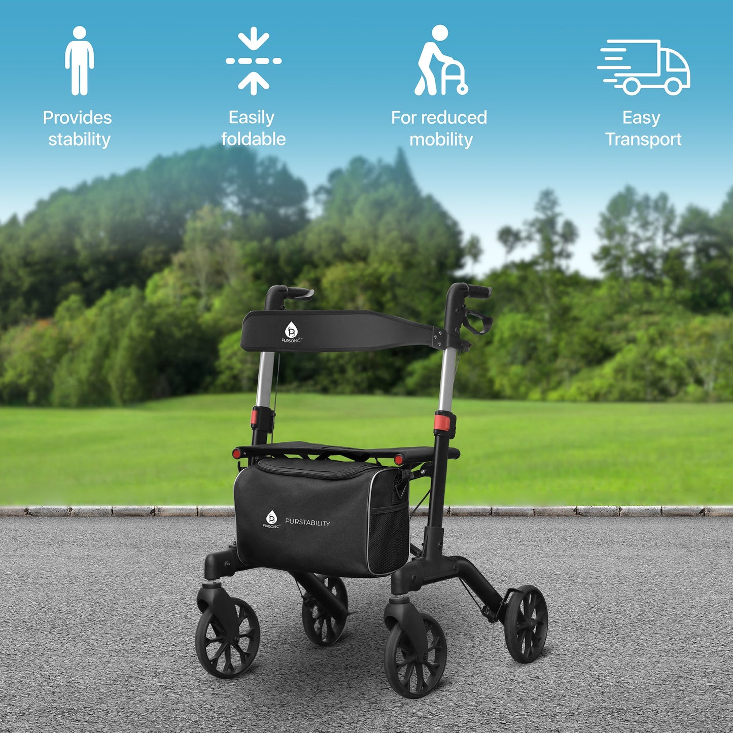 Foldable Wheeled Walker with Backrest and Bag - Adjustable Height, Lightweight, and Sturdy Design for Enhanced Mobility Support - Pursonic - Little Red General Store