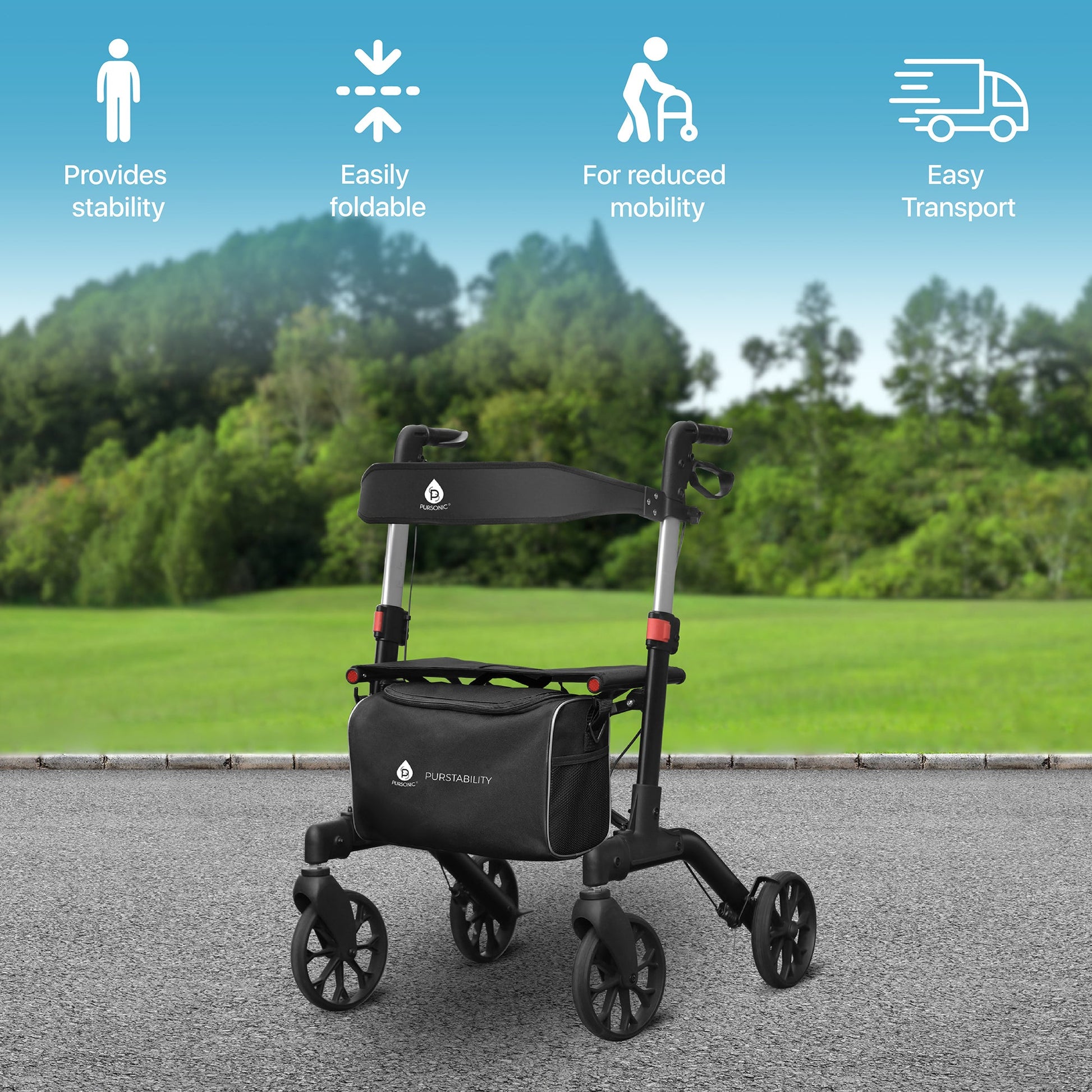 Foldable Wheeled Walker with Backrest and Bag - Adjustable Height, Lightweight, and Sturdy Design for Enhanced Mobility Support - Pursonic - Little Red General Store