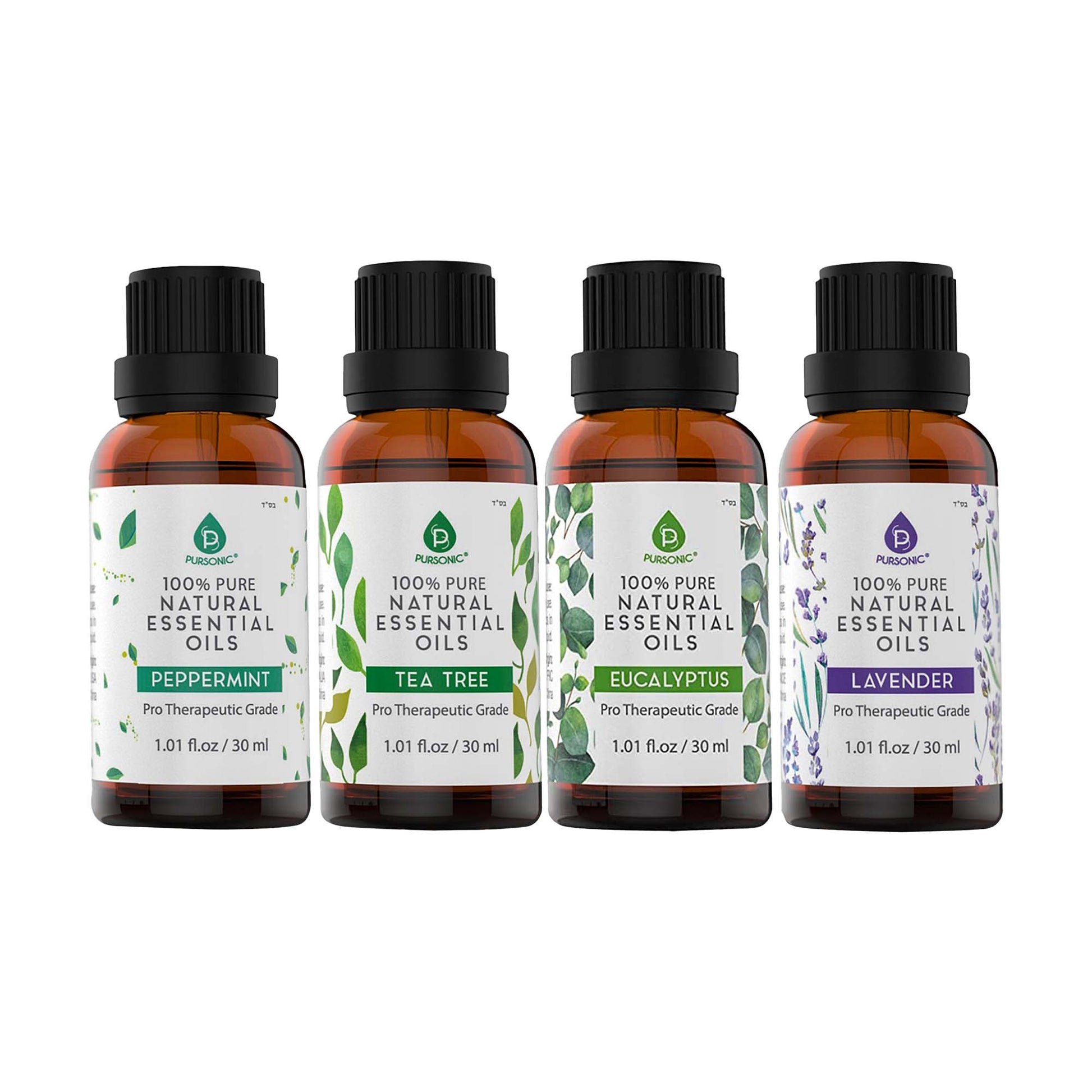 Pursonic 4 - Pack Pure & Natural Essential Oils Collection – Eucalyptus, Lavender, Tea Tree, and Peppermint - Pursonic - Little Red General Store