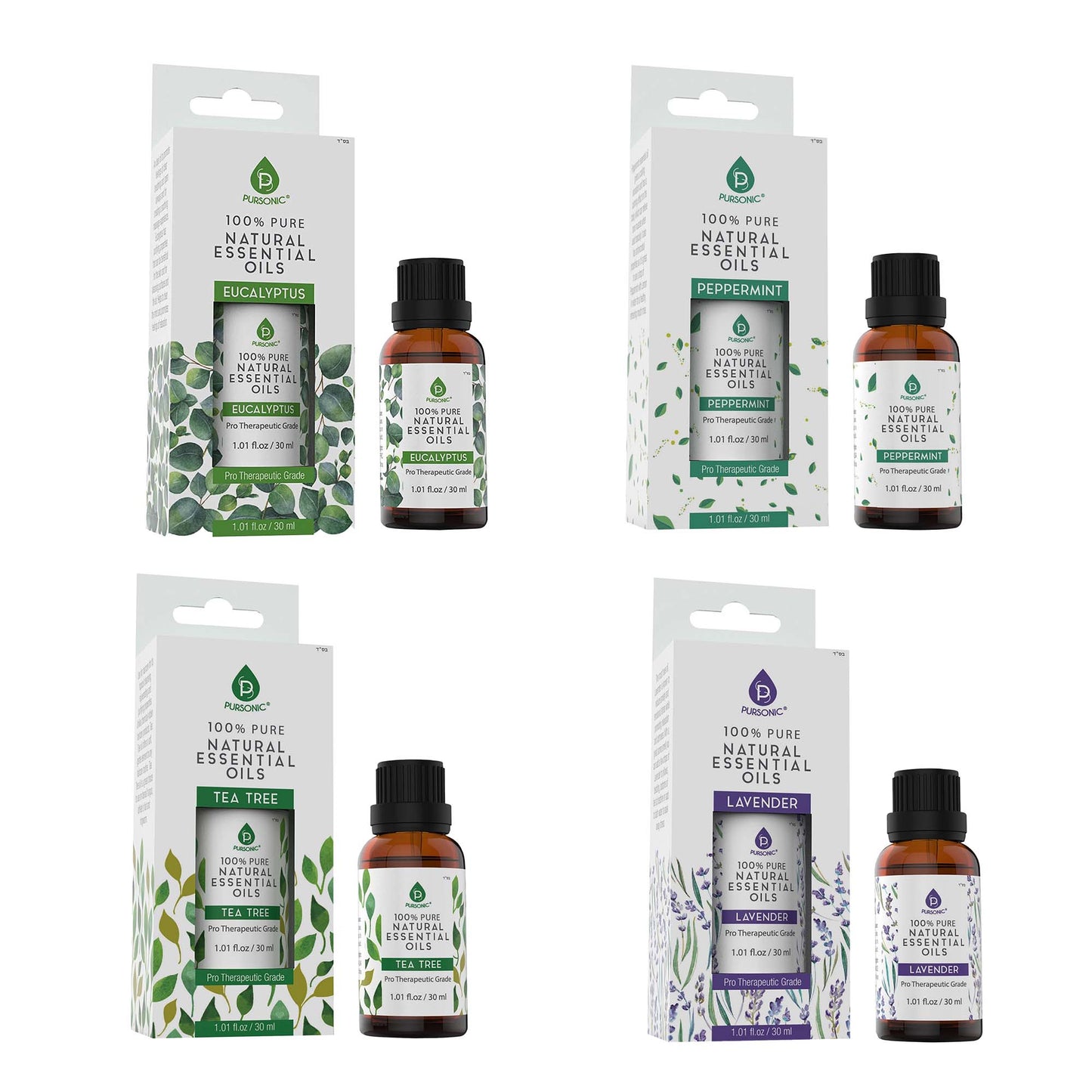 Pursonic 4 - Pack Pure & Natural Essential Oils Collection – Eucalyptus, Lavender, Tea Tree, and Peppermint - Pursonic - Little Red General Store