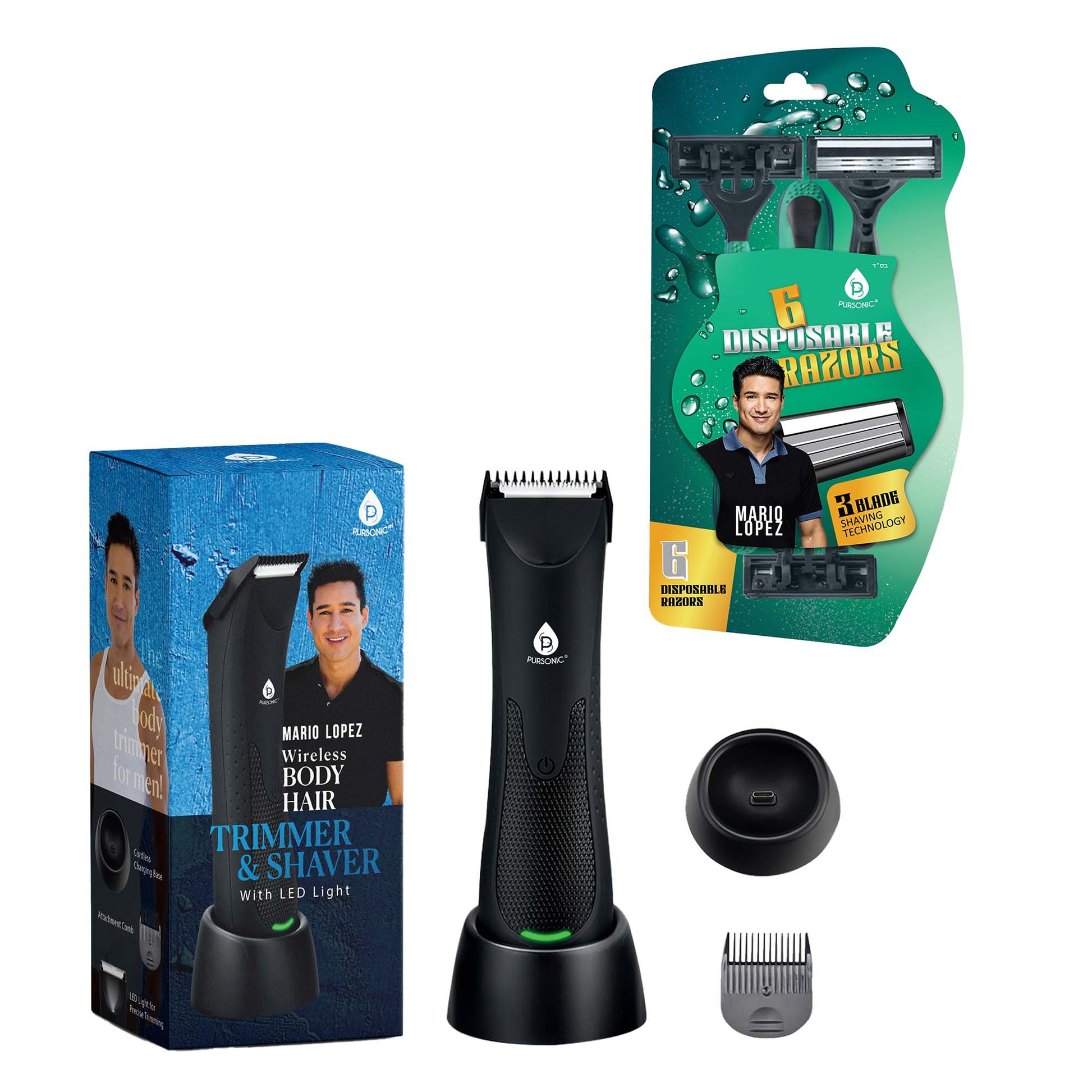 Mario Lopez Wireless Body Hair Trimmer & Shaver and Mario Lopez Disposable Razors - 3 Blade Shaving Surface Technology - Pursonic - Little Red General Store