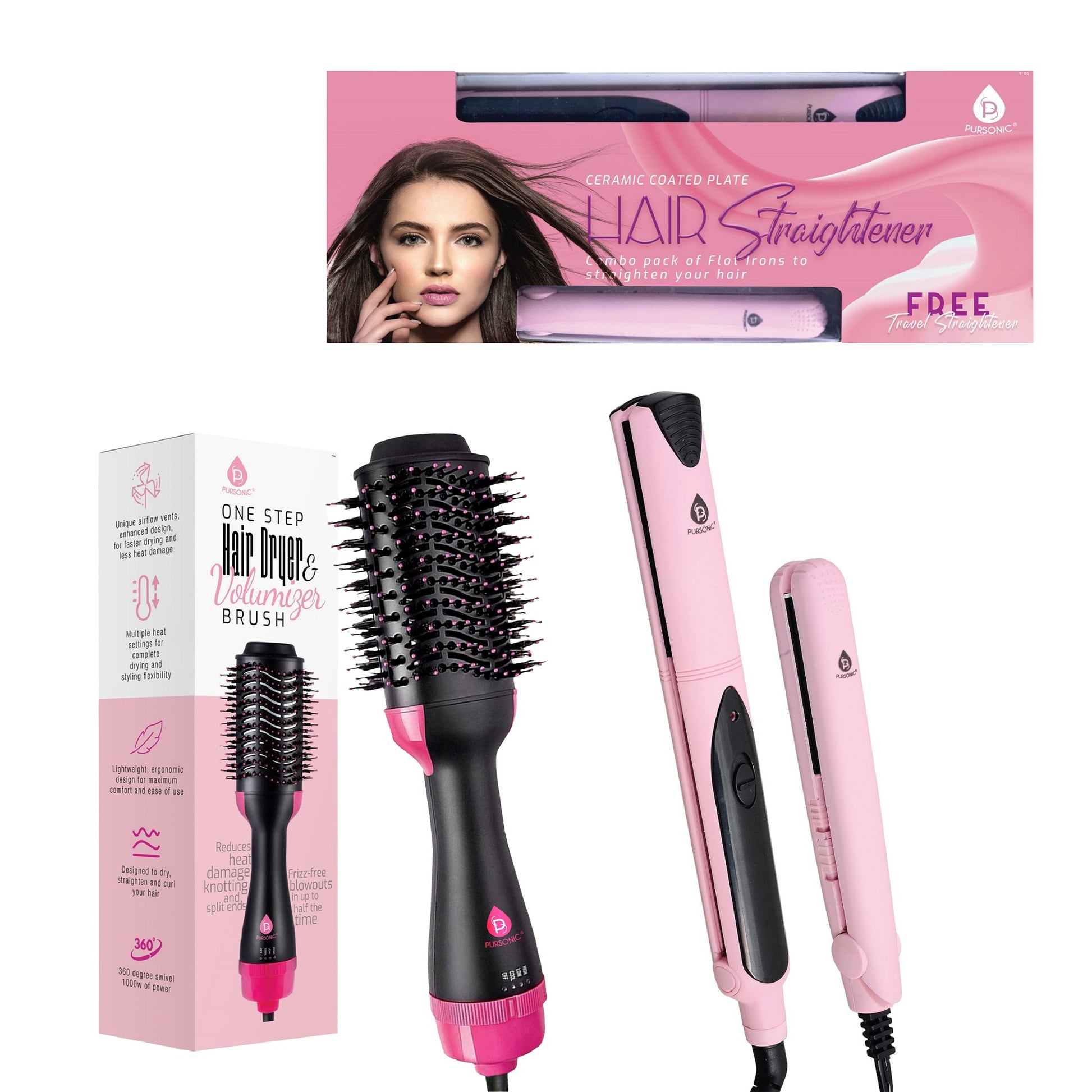 Hair Styling Power Bundle: One Step Hair Dryer & Volumizer Brush + Professional Salon Quality Flat Iron Hair Straightener With Free Travel Straightener - Pursonic - Little Red General Store