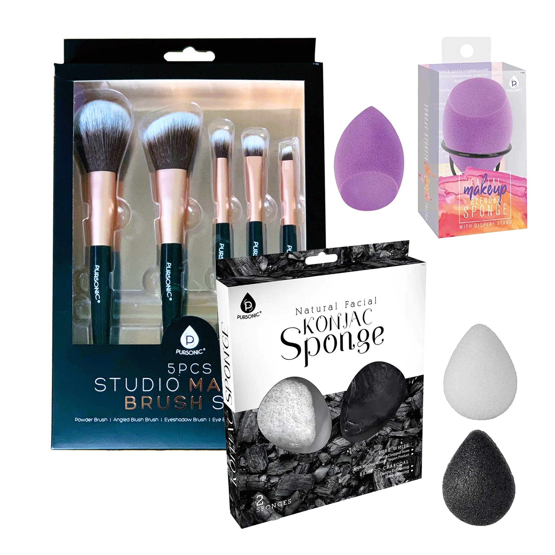 Beauty Essentials Bundle: Facial Makeup Blender Sponge + Natural Facial Konjac Sponge Duo Set(3 pack) + 5 Pcs Studio Makeup Brush Set (Black) - Pursonic - Little Red General Store