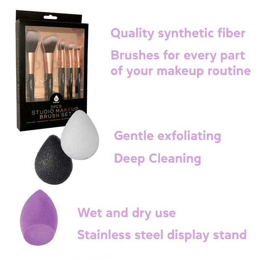 Beauty Essentials Bundle: Facial Makeup Blender Sponge + Natural Facial Konjac Sponge Duo Set(3 pack) + 5 Pcs Studio Makeup Brush Set (Black) - Pursonic - Little Red General Store