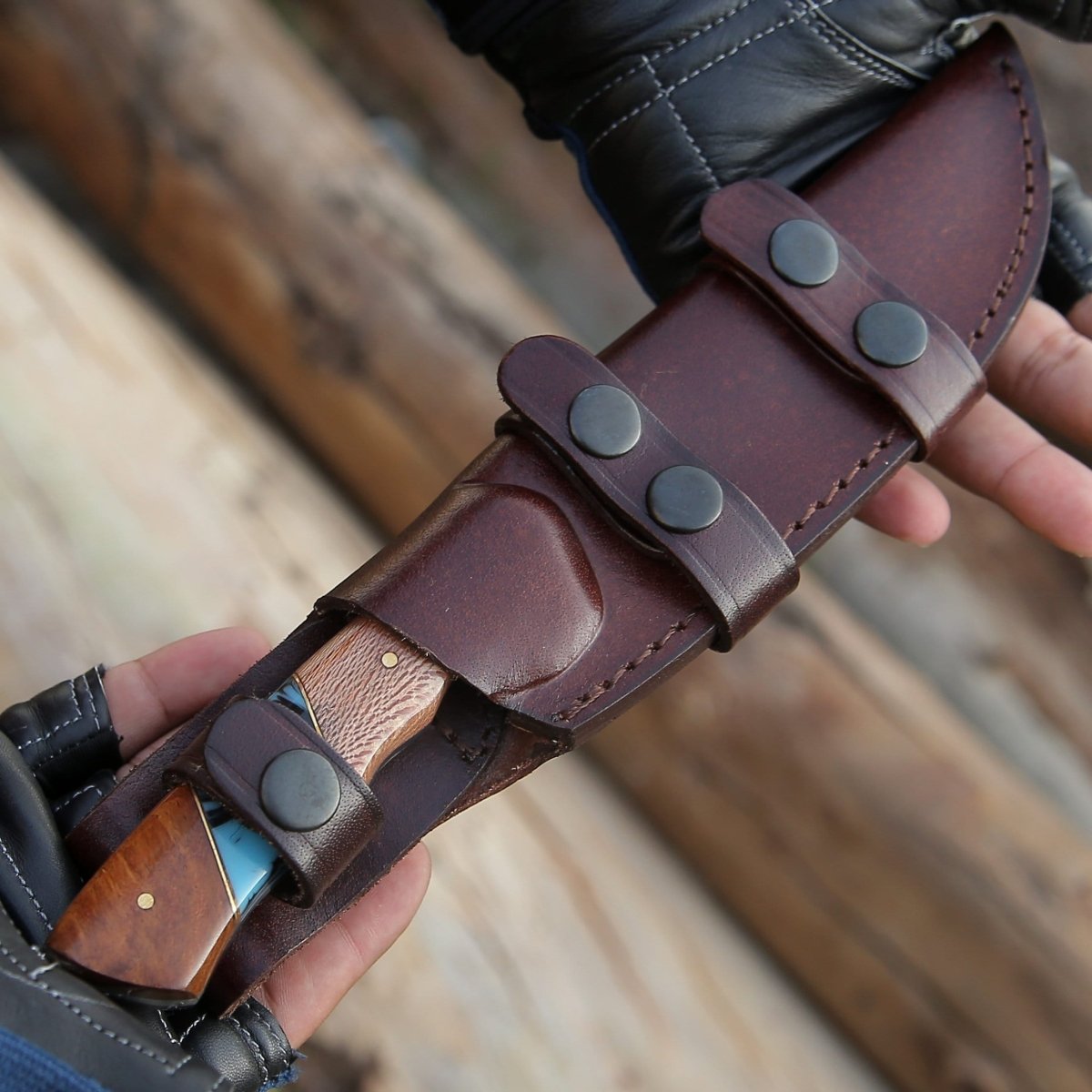 Python Damascus Gut Hook Knife with Exotic Leopard Wood & Turquoise Handle