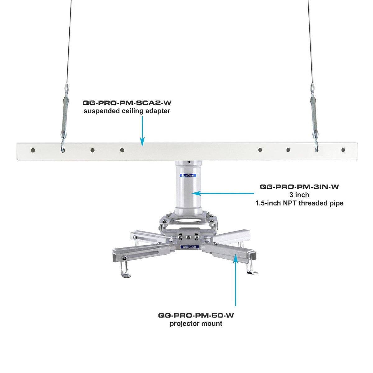 QualGear Drop Ceiling Projector Mount Kit, 2'x2', White, QG-KIT-S2-3IN-W