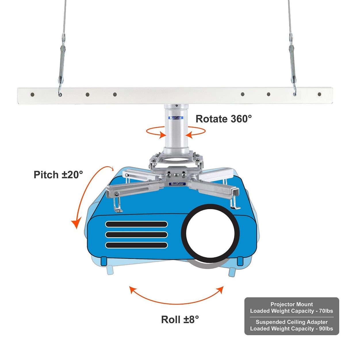 QualGear Drop Ceiling Projector Mount Kit, 2'x2', White, QG-KIT-S2-3IN-W
