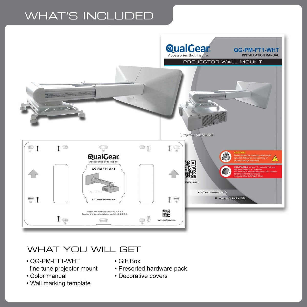 QualGear Projector Wall Mount with Fine Tune Adjustments, White, QG-PM-FT1-WHT