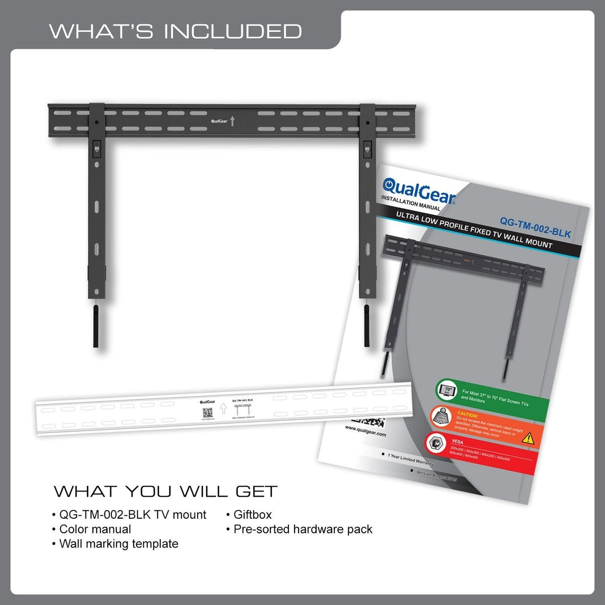QualGear 37-70 in Ultra Slim Fixed TV Wall Mount, Black, QG-TM-002-BLK