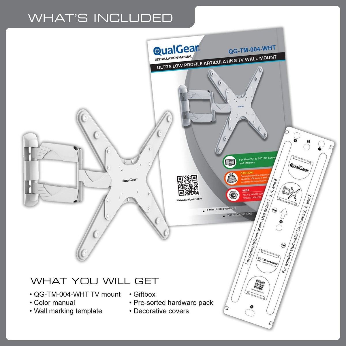 QualGear 23-55 in Full Motion TV Wall Mount, Low Profile, White, QG-TM-004-WHT