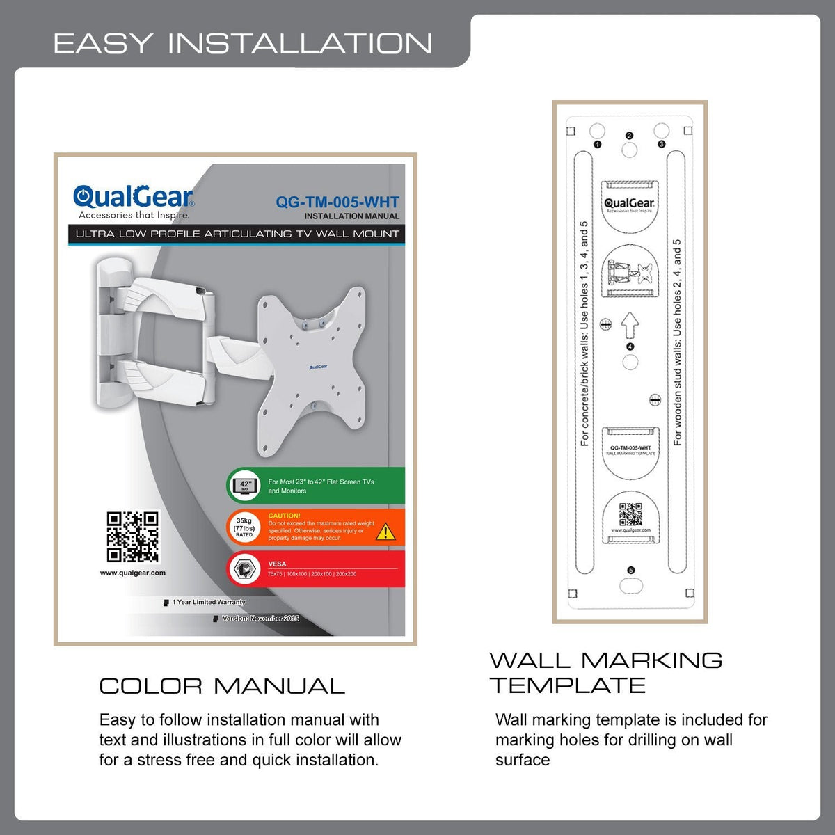 QualGear 23-42 in Full Motion TV Wall Mount, Low Profile, White, QG-TM-005-WHT