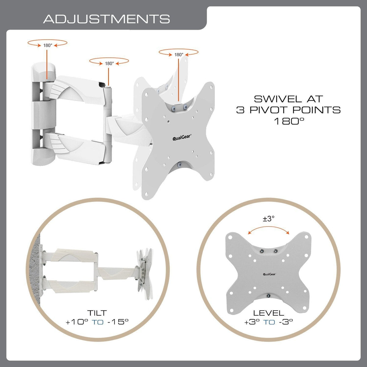 QualGear 23-42 in Full Motion TV Wall Mount, Low Profile, White, QG-TM-005-WHT