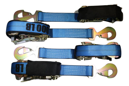 Axle Strap Tie Downs 24" Long & Qty 4 Ratchet Tow Straps Car Haulers, BLUE | 4 PACK
