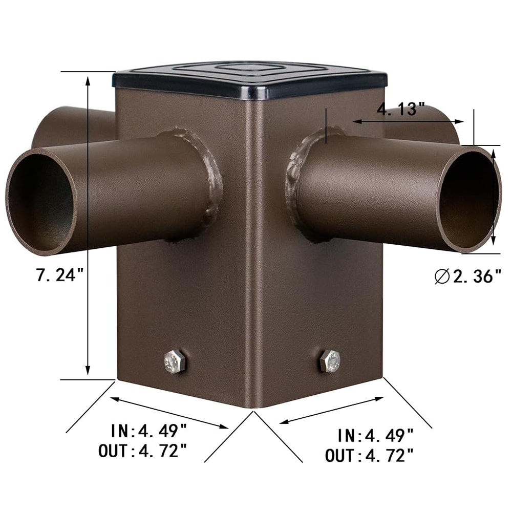 4" 90 Degree Quad Square Horizontal Tenon Adapter for 4 in Square Light Poles, Steel LED Parking Lot Light, Street Lighting Mounting Bracket