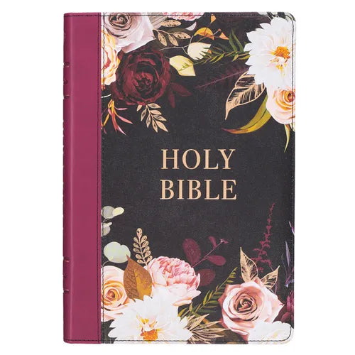 KJV Holy Bible, Thinline Large Print Faux Leather Red Letter Edition - Thumb Index & Ribbon Marker, King James Version, Black/Burgundy Printed Floral