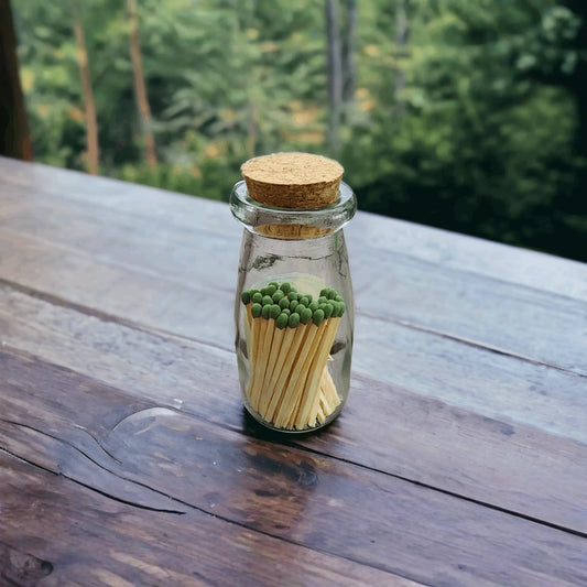 Apothecary matches in a glass tincture bottle with cork top firestarter fireplace rustic black cauldron