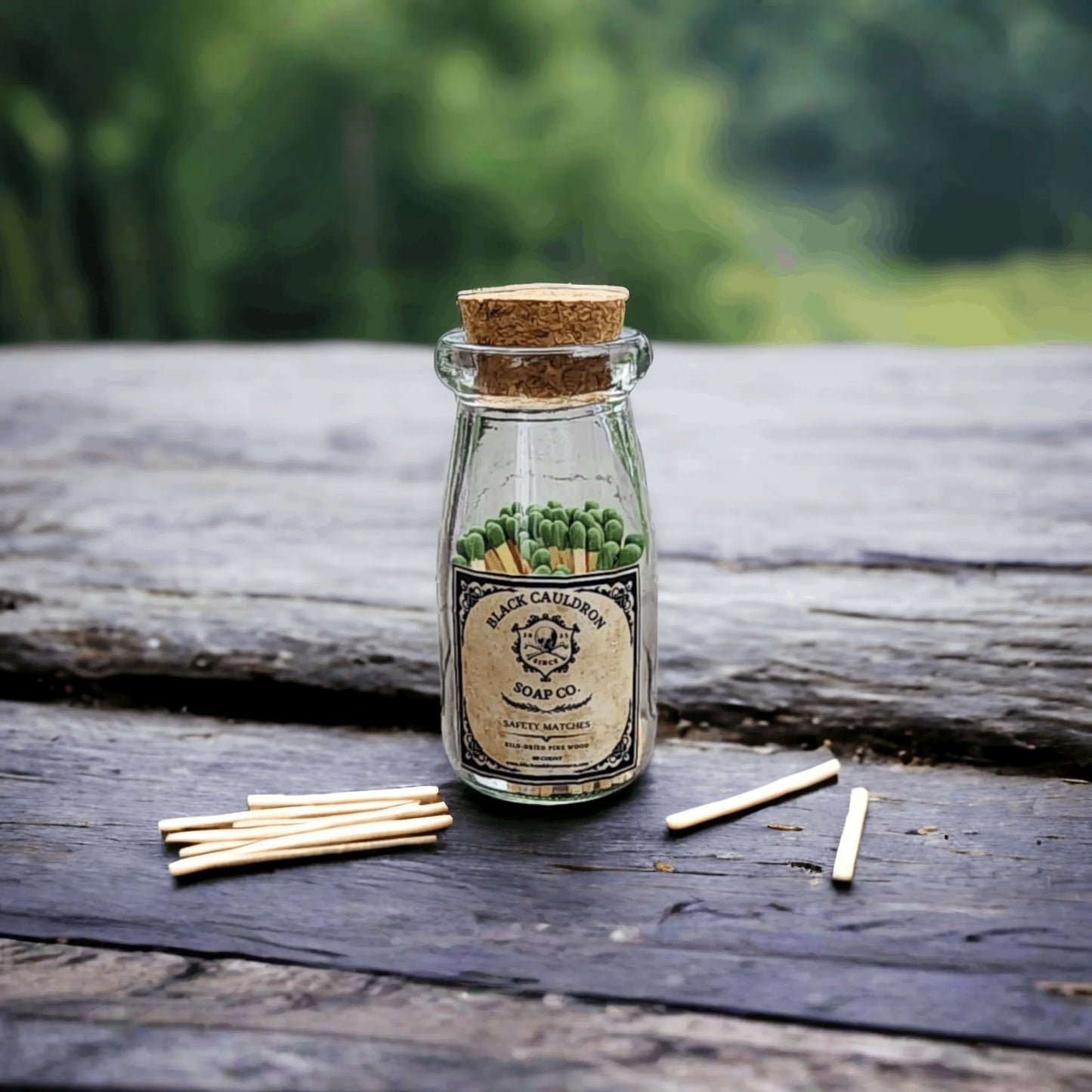Apothecary matches in a glass tincture bottle with cork top firestarter fireplace rustic black cauldron
