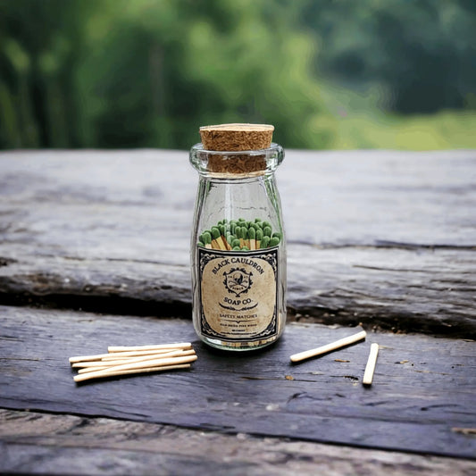 Apothecary matches in a glass tincture bottle with cork top firestarter fireplace rustic black cauldron
