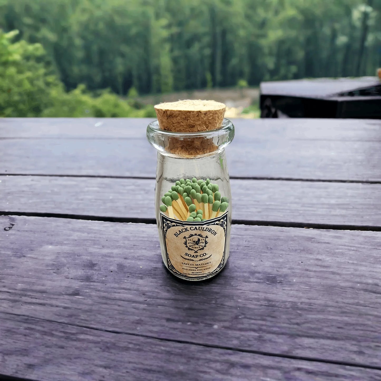 Apothecary matches in a glass tincture bottle with cork top firestarter fireplace rustic black cauldron