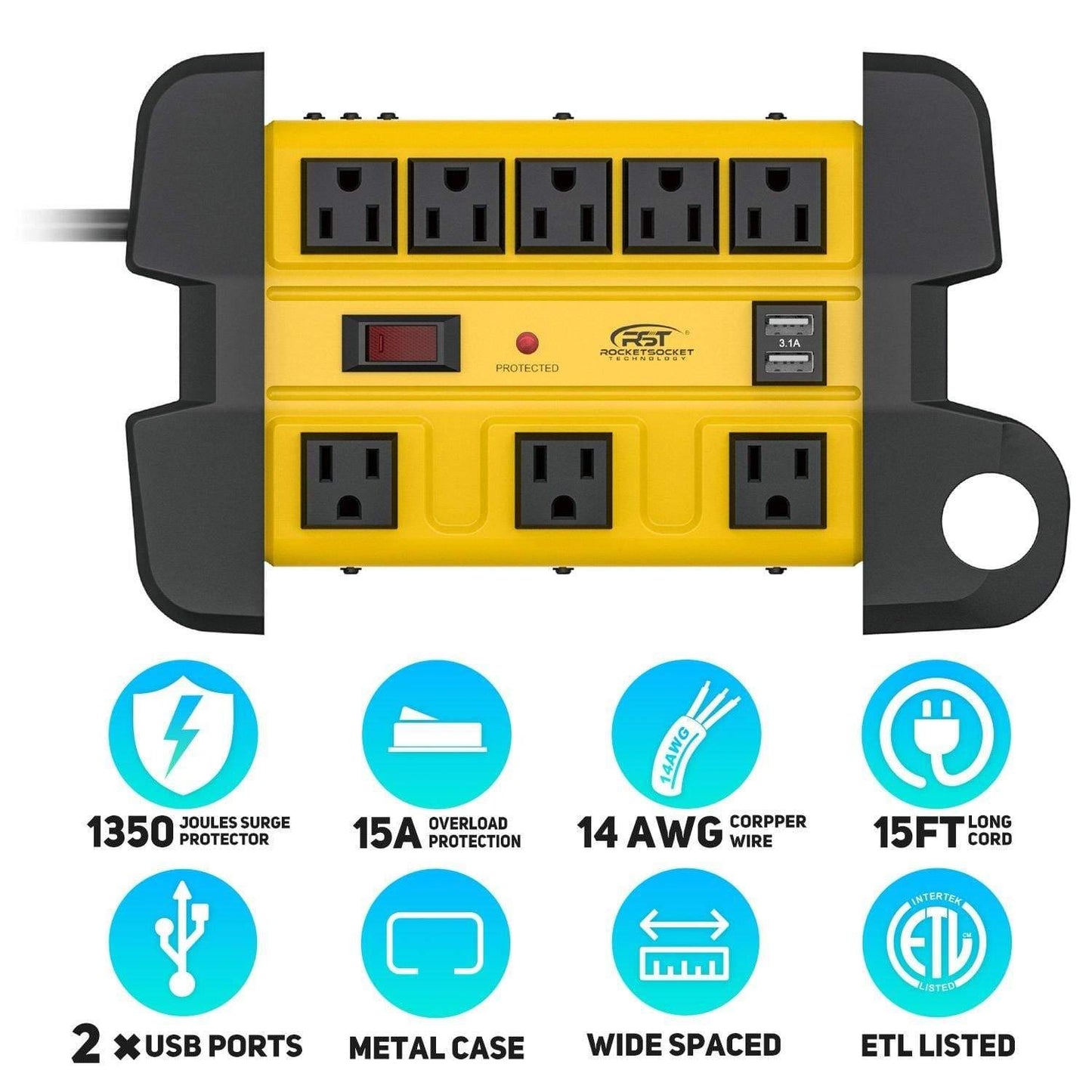 CRST 8 Outlets Dural USB Mountable Metal Power Strip Surge Protector with Cord Wrapping Design, Optional 15FT or 6FT Power Cord
